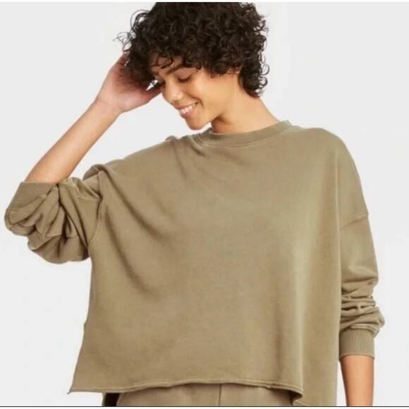 Colsie Women French Terry Crewneck Hi-Low Hem  Pullover Sweatshirt Size XL Green - Picture 1 of 9